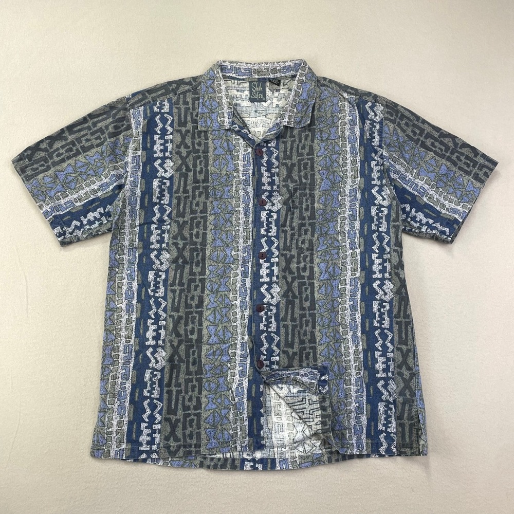 Vintage Shah Safari Abstract Button Up‎ Men's L Short Sleeve Shirt